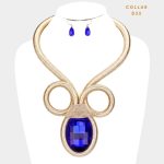 Collar Grande de Cordón Dorado y Dije de Piedra Azul Gota