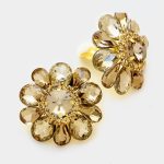 Aretes Flor Grandes Cristal Chocolate Clip On Broche Presión