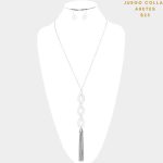Collar Largo Plateado con Dije de Gotas y Tassel