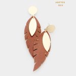 Aretes Hoja Cuero Chocolate y Dorado