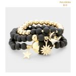 Pulsera Juego de 3 Trio de Pulseras Beads Negros con Dije de Luna y Sol Dorado