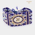 Pulsera de Ojo Turco Tejida en Beads Chaquiras Azul Dorado